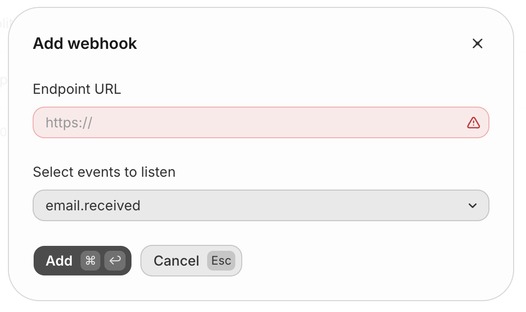 Resend Add webhook modal with email.received selected